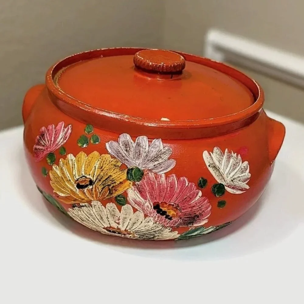 Ransburg 1930s Floral Ceramic Vintage Bean Pot with Lid